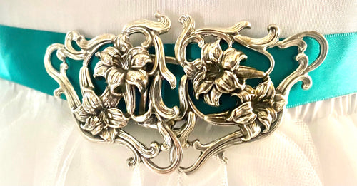 Art Nouveau sash buckle, lily sash belt buckle, sterling bridal accessory, brides gift from mom, heirloom keepsake buckle
