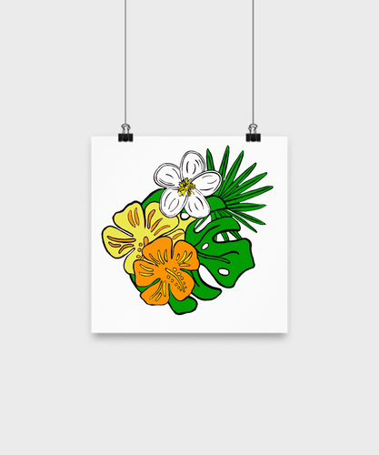 dorm room or teen art posters, Hawaiian tropicals poster, hibiscus, plumeria, monstera and fan palm leaf, gift for daughter, new room decor tropical; room decor,