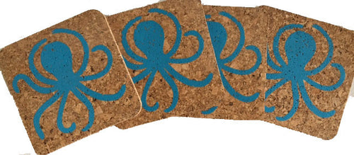 Octopus-Coastal Cork Coasters-Hostess Gift/Party/Home Decor-Turquoise Blue