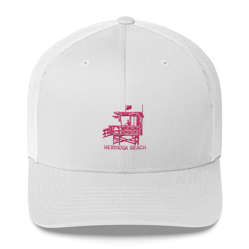 Trucker Cap Los Angeles Lifeguard Tower-Hermosa Beach in Pink